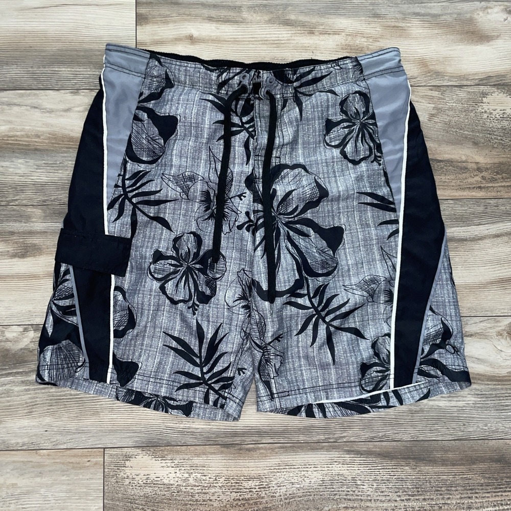 OP Mens Gray Black Floral Board Shorts Pockets Drawstring OM13203Y Size L 36-38